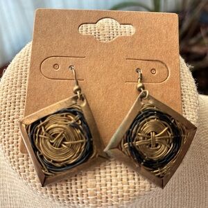 Handwoven Brass-Tone and Black Square Drop Earrings
